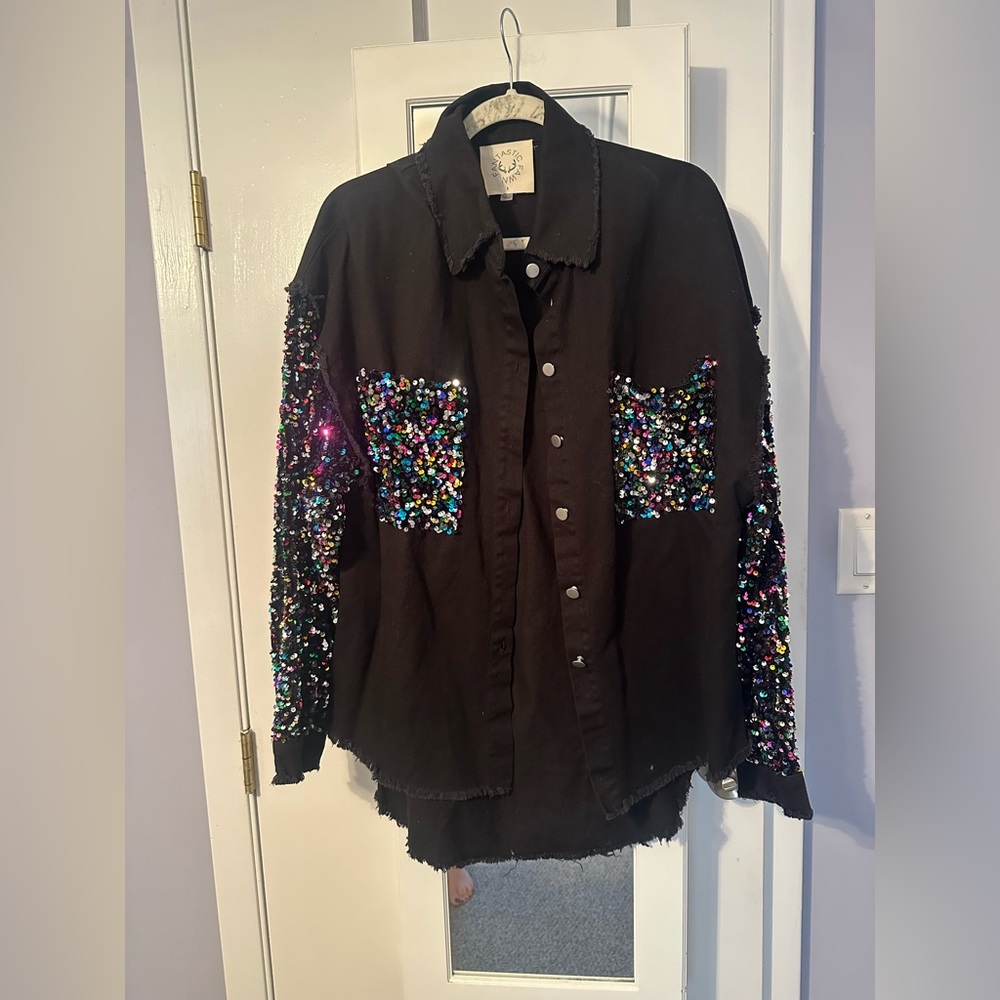 Fantastic Fawn Black Sequin Jean Jacket